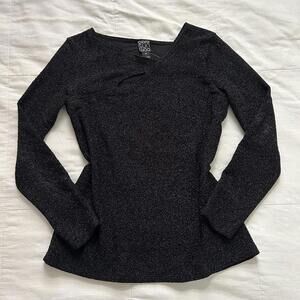 Y2K Black shimmer long sleeve asymmetrical cut out detail neckline top Size XS